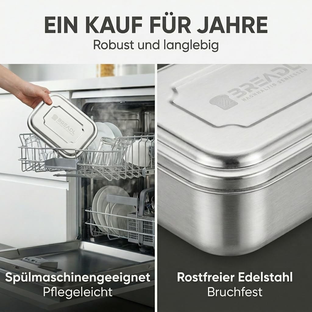 Edelstahl Brotdose, Feste Trennwand und 3 Fächer, Plastikfrei, Rostfrei, Spülmaschinengeeignet, Klei