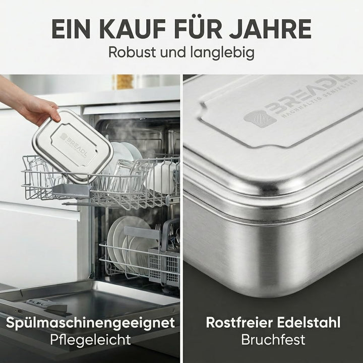 Edelstahl Brotdose, Feste Trennwand und 3 Fächer, Plastikfrei, Rostfrei, Spülmaschinengeeignet, Klei