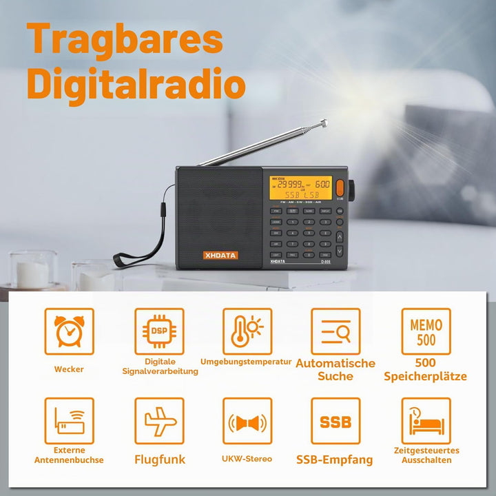XHDATA D-808 Tragbares Digitales Radio UKW-Stereo/KW/MW/LW SSB RDS Air Band Multi-Band-Radio Lautspr