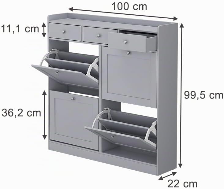Vicco Schuhkipper Vitto, Grau, 100 x 99.5 cm mit 3 Schubladen &amp; 4 Klappfächern, zur platzsparenden A