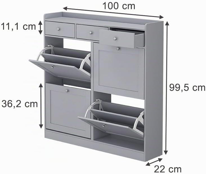 Vicco Schuhkipper Vitto, Grau, 100 x 99.5 cm mit 3 Schubladen &amp; 4 Klappfächern, zur platzsparenden A