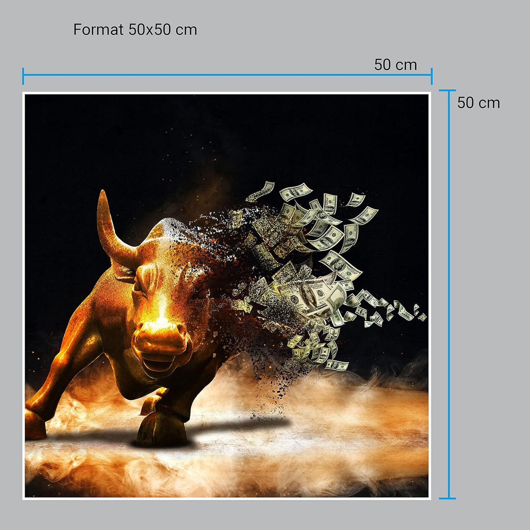 wandmotiv24 Poster als Wanddeko, Grösse 50x50cm, Goldener Stier, Dollar, Geldscheine, Geld, Tier, Mo