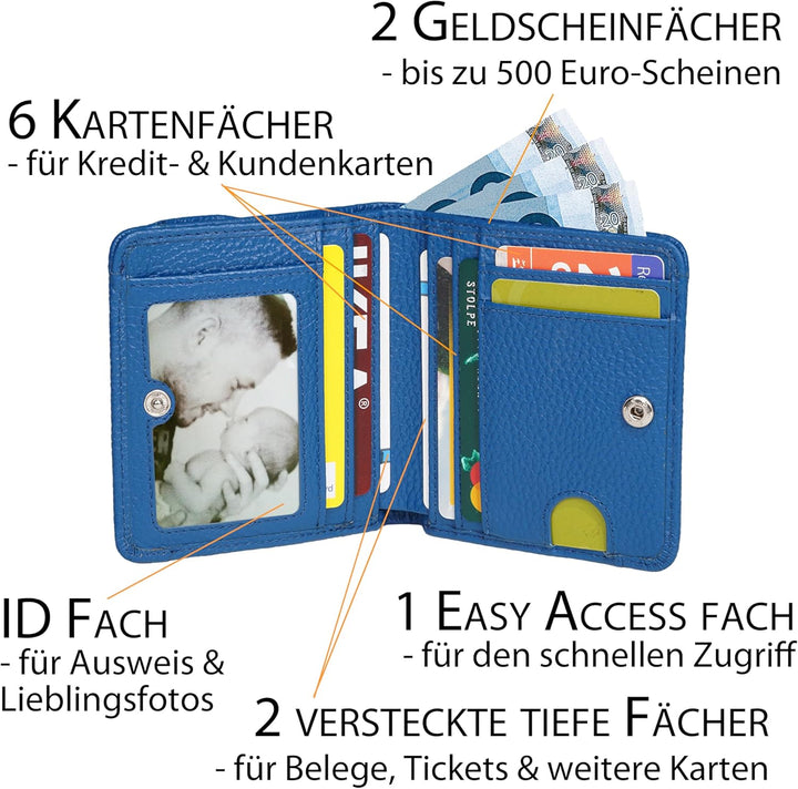 Portmonee Damen klein kompakt, Reise Geldbörse, viele Fächer, Leder blau, RFID Blocker, Münzfach | W