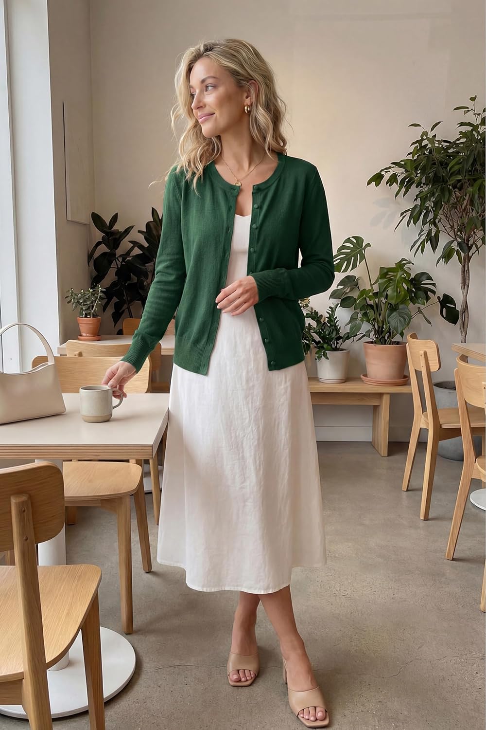 VOTEPRETTY Leichter Strickjacke Damen Cardigan Kurzarm/Langarm Sommer Solid Top Langarm L Grün, Lang