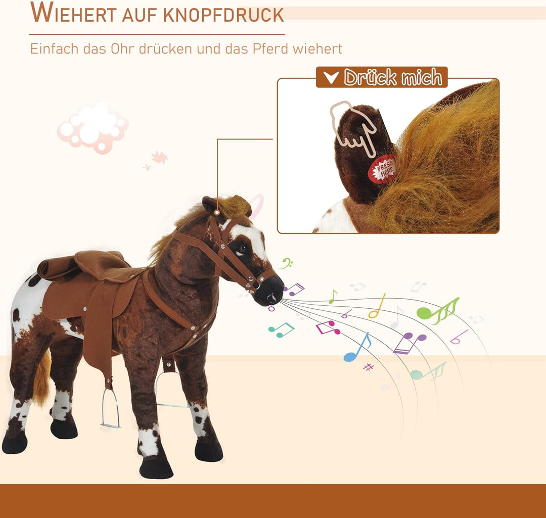 HOMCOM Reitpferd Spielpferd zum Reiten Stehpferd mit Sattel, Sound, Steigbügel Plüschpferd für Kinde
