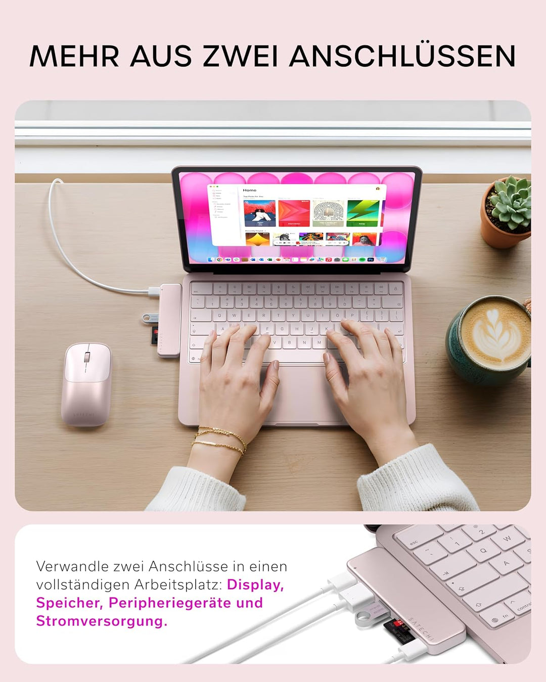 SATECHI USB-C Snap Hub 6-in-2 für MacBook Neo, Rosa | PD 45 W, HDMI 4K@60 Hz, Dual-USB-C Anschluss,