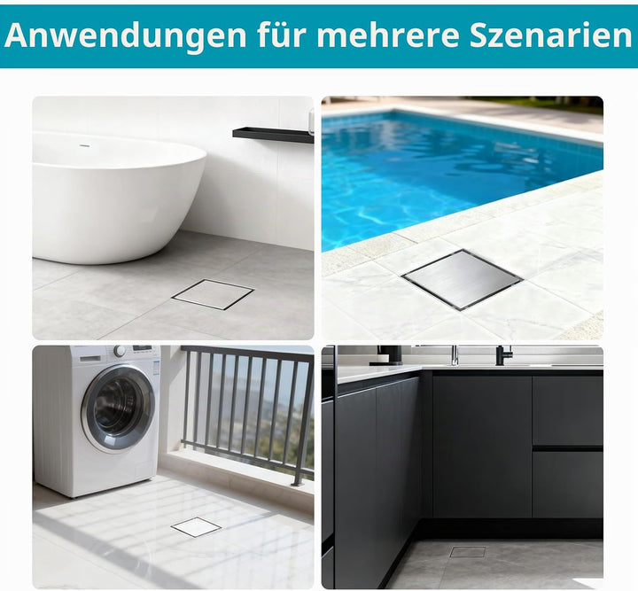 150 x 150 mm Duschrinne Quadratisch Edelstahl Bodenablauf mit 360° Siphon Geruchsstop, Haarfilter 2