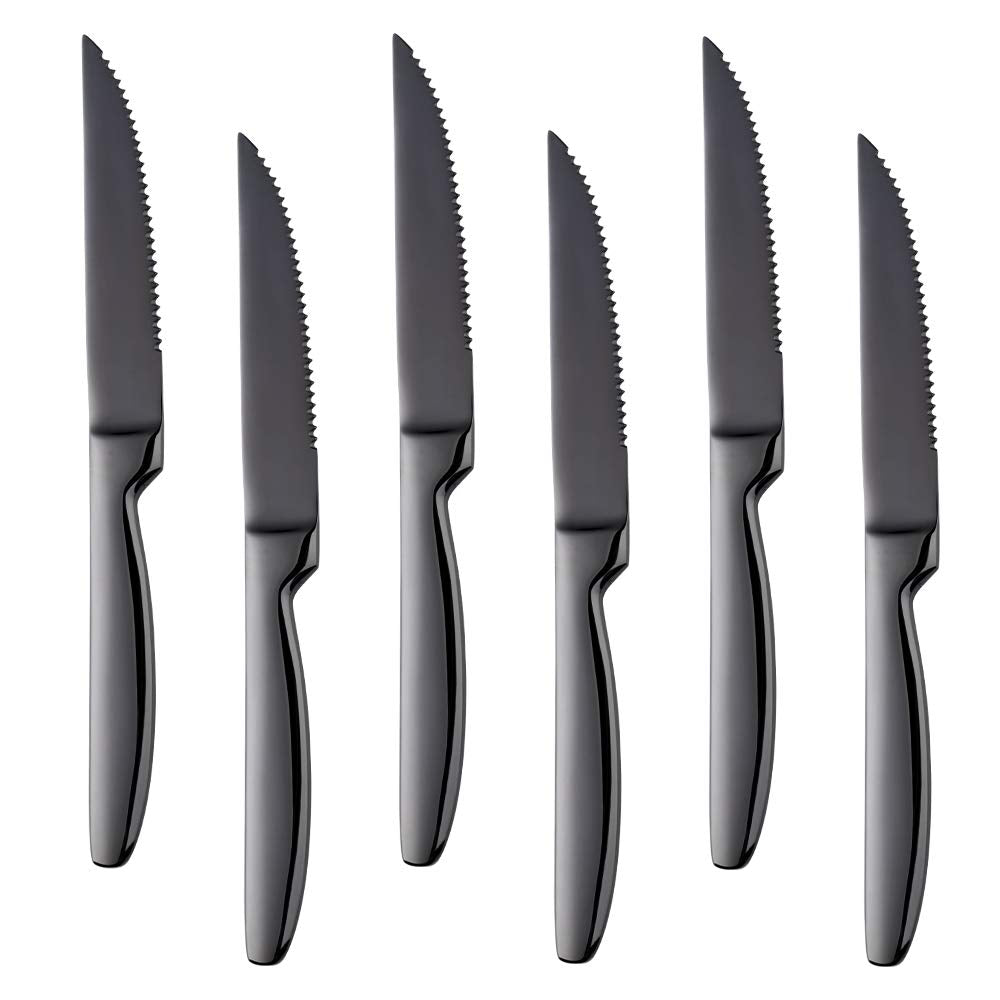 BISDARUN Steakmesser Set mit scharfem Wellenschliff Edelstahl 6-teilig Tafelmesser Schwarz Fleischme
