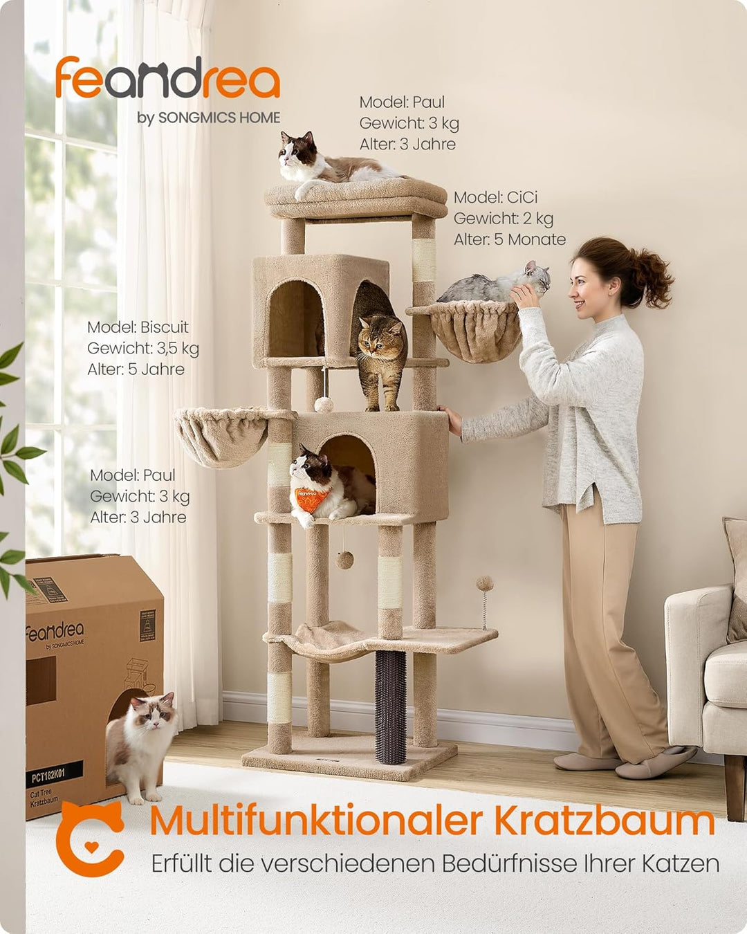 Feandrea Kratzbaum, 175 cm hoch, XL, mehrstöckiger Katzenbaum mit 2 Höhlen, 2 Liegemulden, 5 Kratzsä