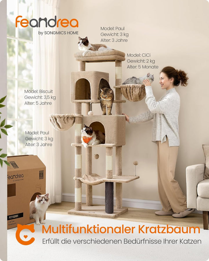Feandrea Kratzbaum, 175 cm hoch, XL, mehrstöckiger Katzenbaum mit 2 Höhlen, 2 Liegemulden, 5 Kratzsä