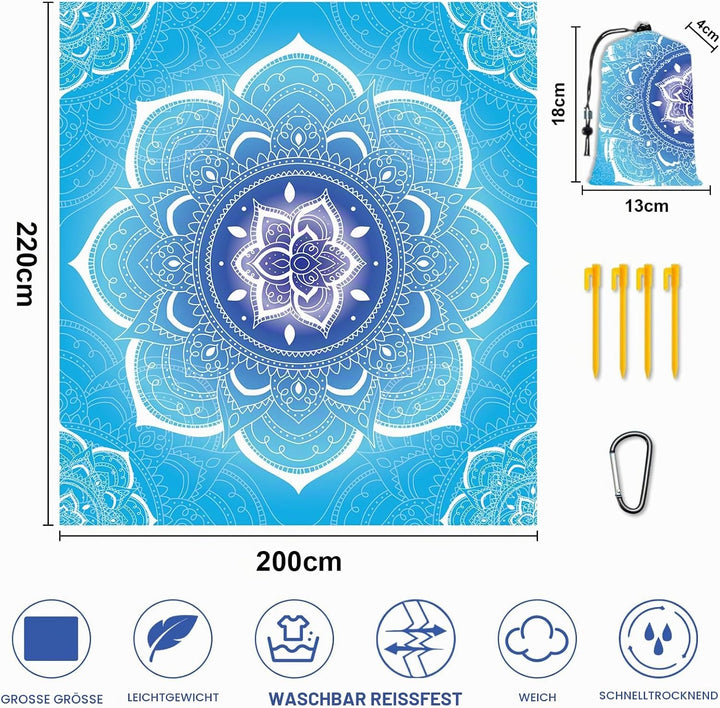 Stranddecke Sandfrei Wasserdicht Mandala 200x220cm Grosse Strandmatte Picknickdecke für 4-6 Personen
