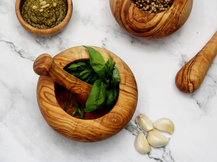DAGDEG Mörser &amp; Stössel rund aus Olivenholz, Holzmörser,Kräuter-Gewürz-Mörser aus Holz, Kräutermühle