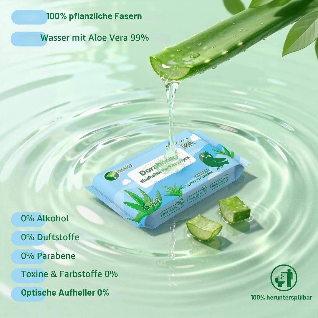 Mini Feuchttücher Reisegrösse, Feuchtes Toilettenpapier spülbar mit Aloe Vera, unparfümiert, 99% Was