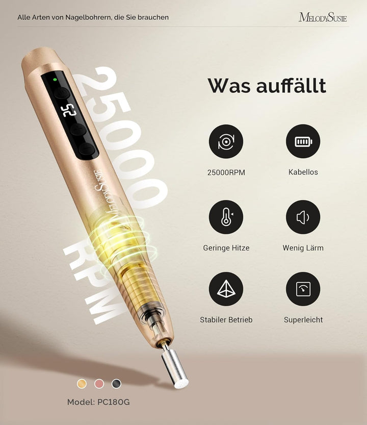 MelodySusie Kabellos Nagelfräser für Gelnägel, Elektrische Nagelfeile 25000 u/min, PC180G Profession