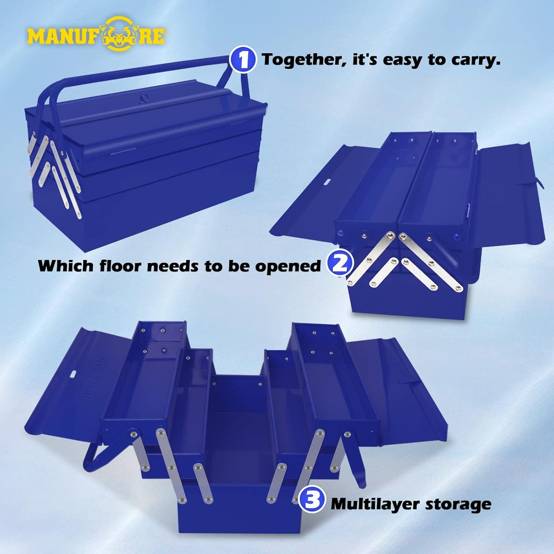 MANUFORE Werkzeugkoffer Leer aus Metall 42x 20 x21cm, 3-Etagen Metall-Werkzeugkasten mit 5 Fächern，B