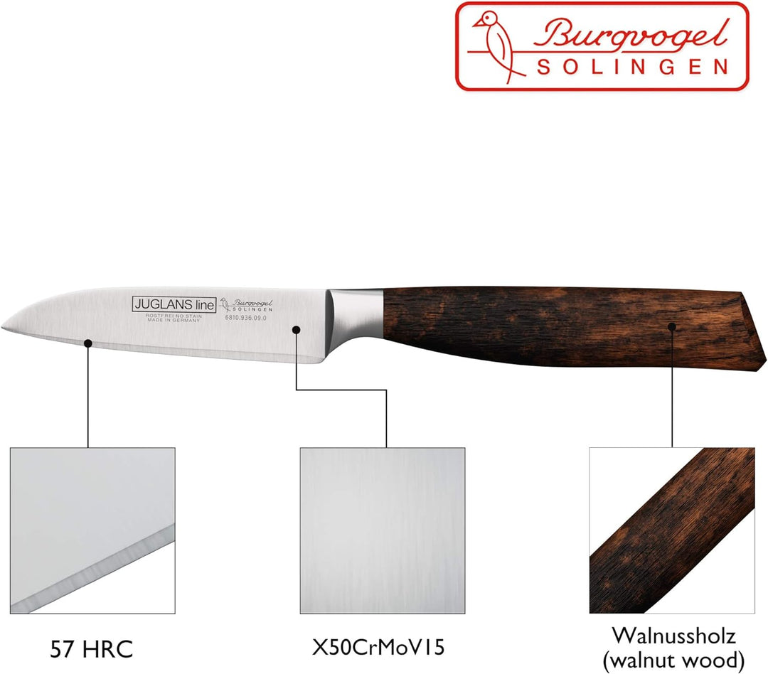 Burgvogel Solingen Juglans Line Gemüsemesser Walnussholz 9 cm, rostfrei, Küchenmesser scharf geschmi