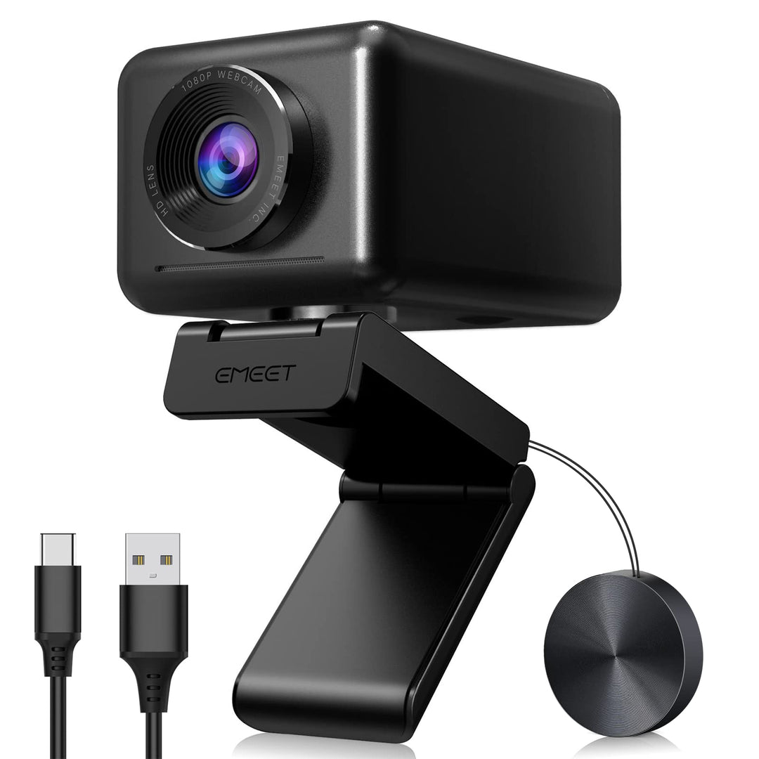 EMEET 1080P HD Webcam, Streaming Webcam mit 4 De-Noise Mikros, Smart KI Fokus & Low-Light Korrektur,
