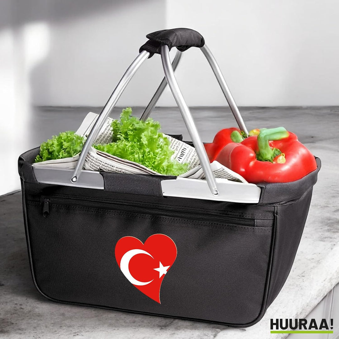 Huuraa Einkaufskorb Türkei Flagge Herz Geschenk | 20 Liter Black faltbarer Tragekorb Geschenkidee