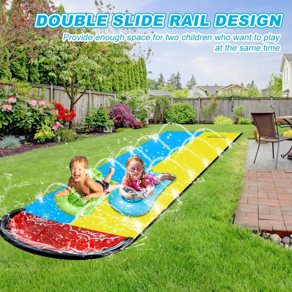 Wasserrutsche Garten für Kinder, 6.1*1.4M Aufblasbare Wasserrutsche mit 2 Bodyboards, Doppelte Wasse