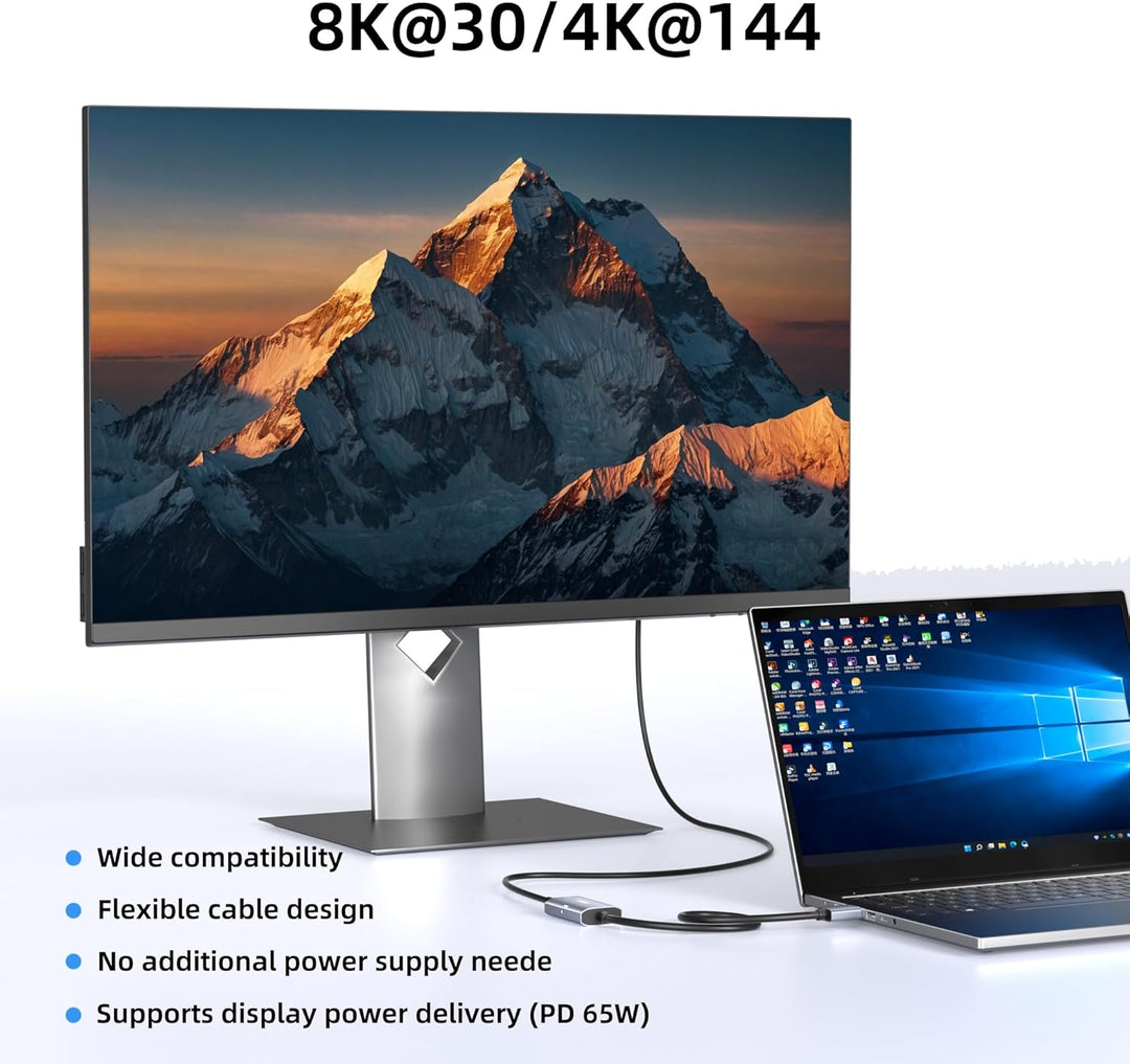8K@30Hz / 4K@144Hz DisplayPort-auf-USB-C-Adapter mit PD 65W-Ladefunktion, Graphit-Kabel, DisplayPort