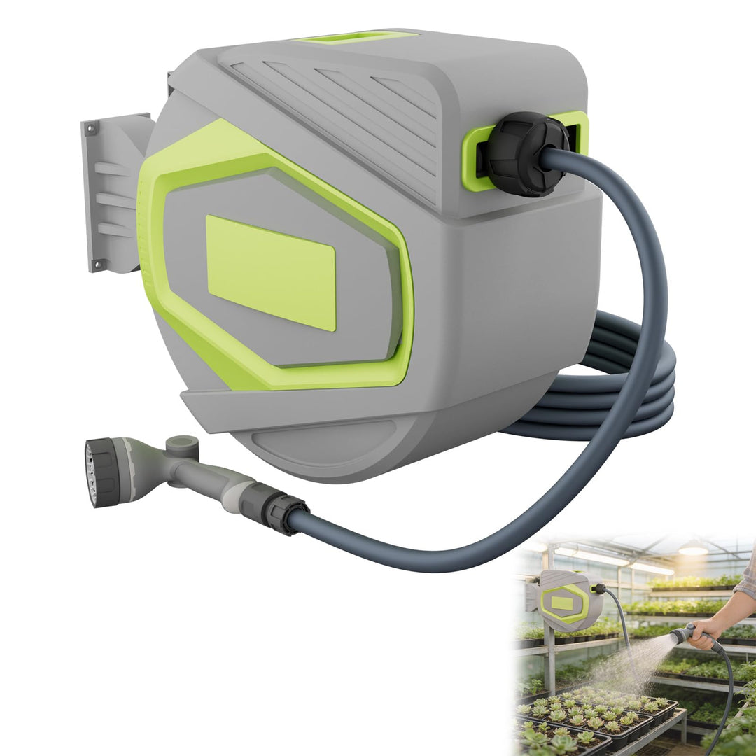 LZQ Gartenschlauch Aufroller 28+2m, Schlauchtrommel mit 10 Funktionen Handbrause & 180° Schwenkhalte