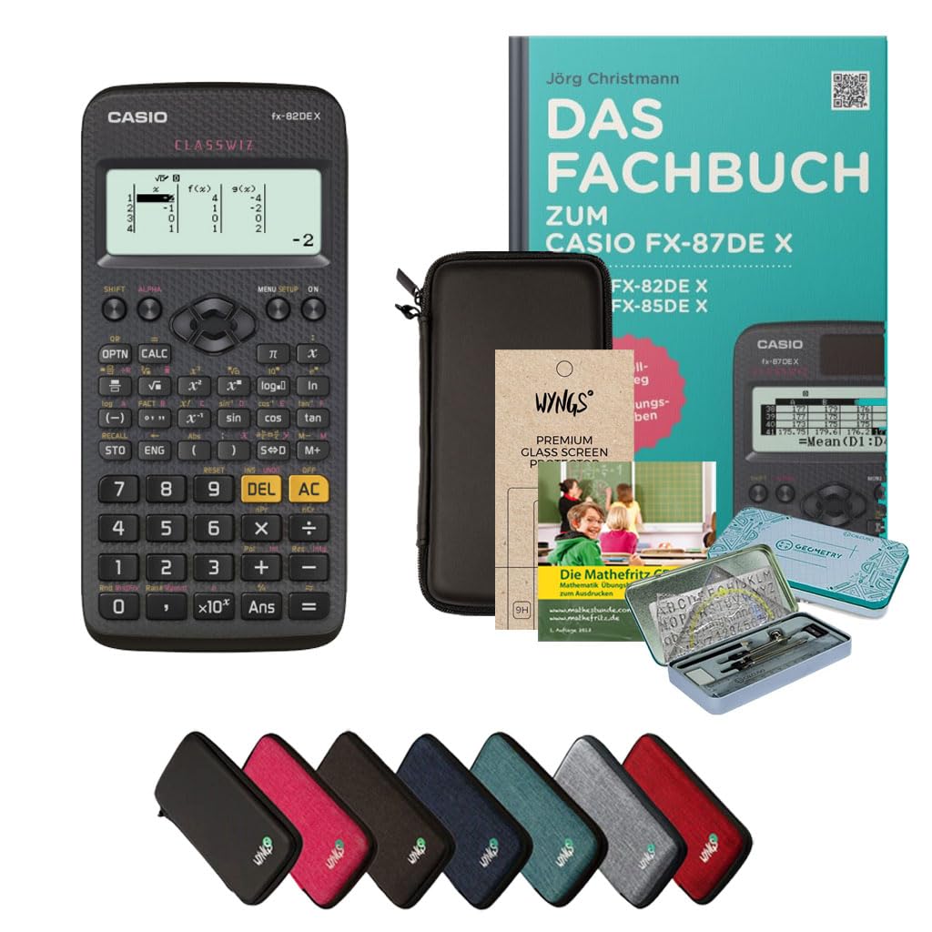 CALCUSO Streberpaket: Casio FX-82DE X + WYNGS Schutztasche schwarz + Fachbuch von CALCUSO + Displays