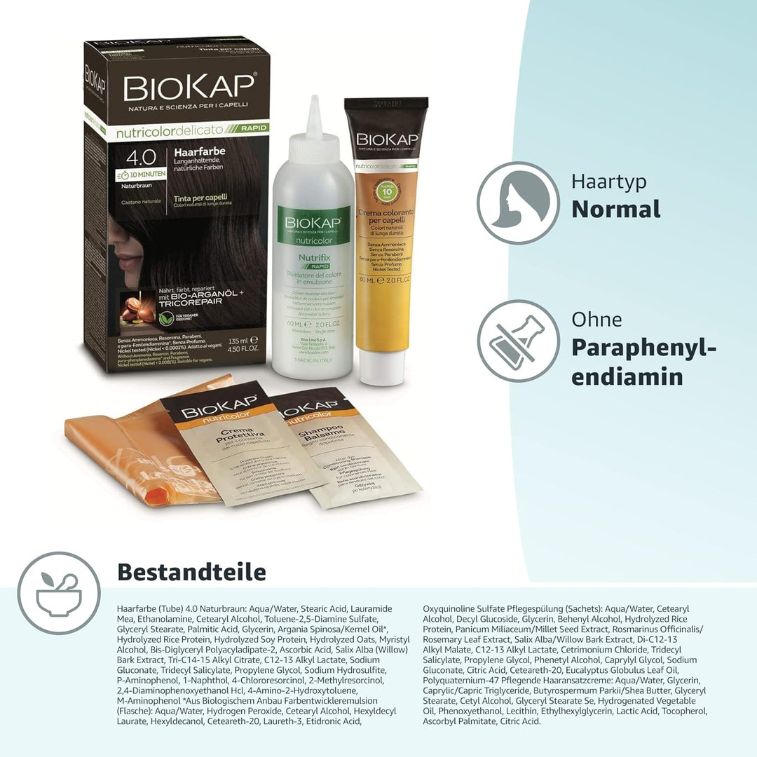 BIOKAP RAPID Permanente Haarfarbe 4.0 Naturbraun | NUR 10 MINUTEN EINWIRKZEIT | Bio Arganöl - TricoR