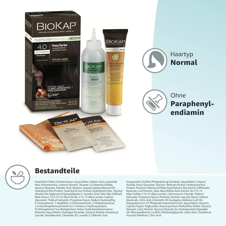 BIOKAP RAPID Permanente Haarfarbe 4.0 Naturbraun | NUR 10 MINUTEN EINWIRKZEIT | Bio Arganöl - TricoR