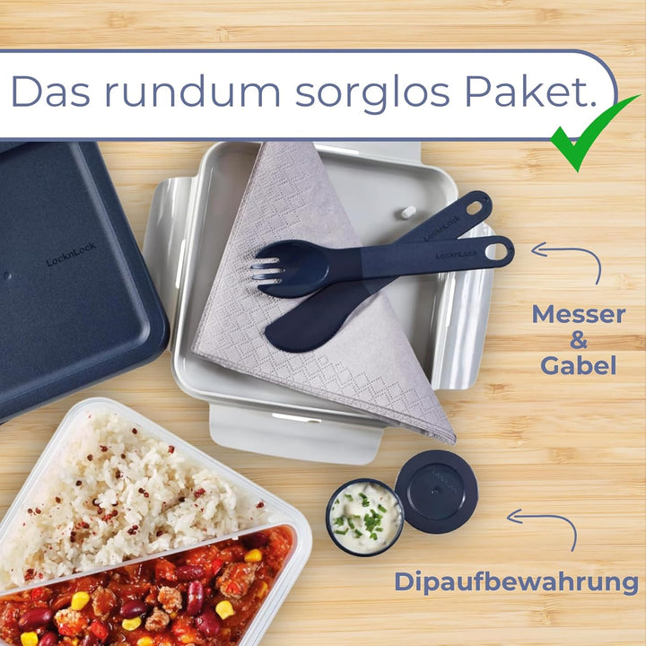 LocknLock TO GO Lunchbox mit Fächern 1,2L, Bento Box Erwachsene mit Sandwicheinsatz, Toppingtray, Me