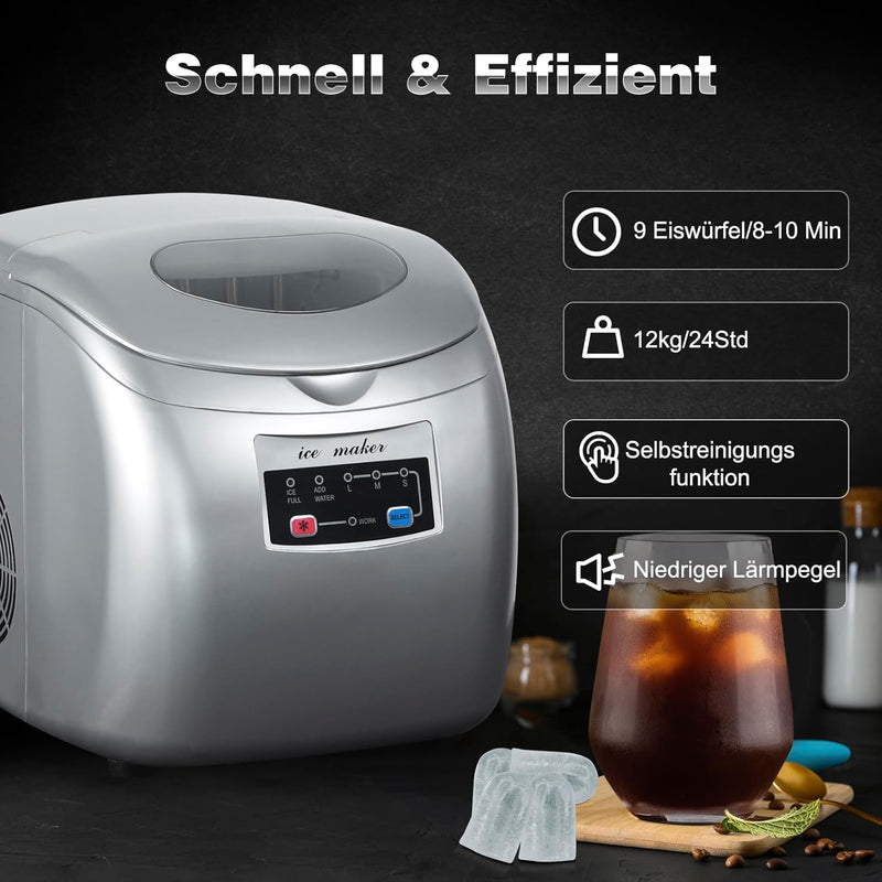 WOLTU Eiswürfelmaschine Eiswürfelbereiter, 12kg/24hrs, 3 Eiswürfel-Grössen, 2,8 Liter Wassertank, Se