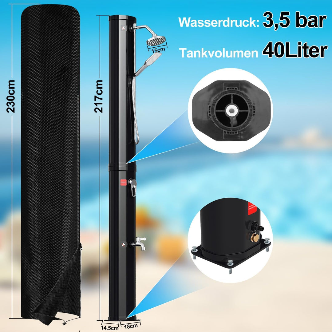 Solardusche 40 Liter Solar Gartendusche mit Schutzhaube und handbrause, schwenkbarer Duschkopf, inte