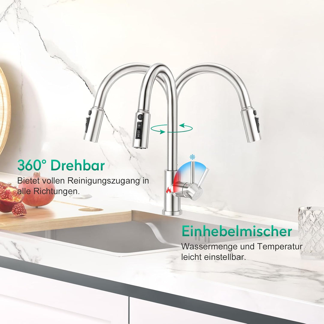 CREA 3 Wege Küchenarmatur mit Brause, Drei Wege Wasserhahn Küche Ausziehbar, 360° Drehbar 3 Wege Mis