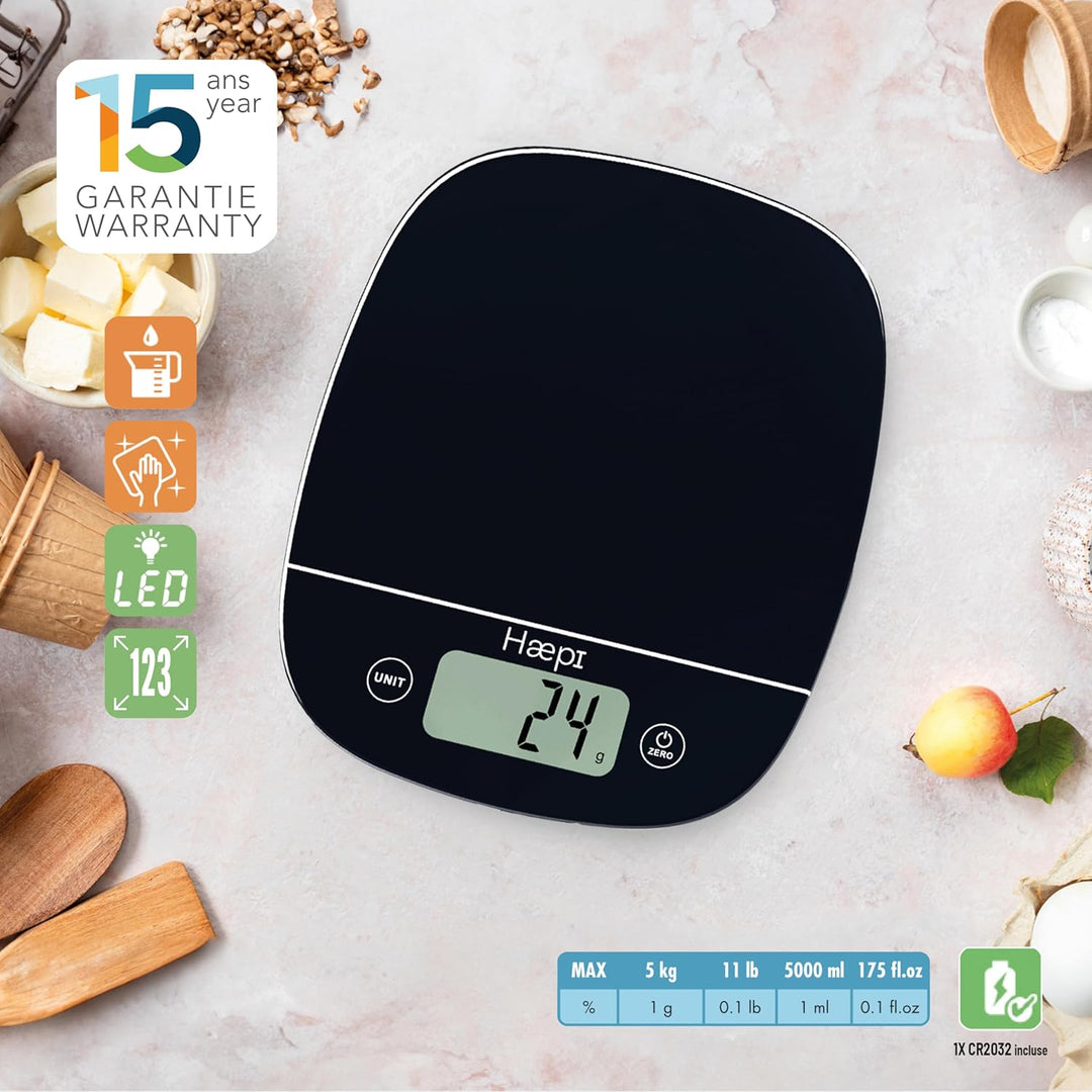 Haepi, Hochpräzise elektronische Küchenwaage 5000g/1g, Tara-/Flüssigkeitsfunktion, modernes Design,