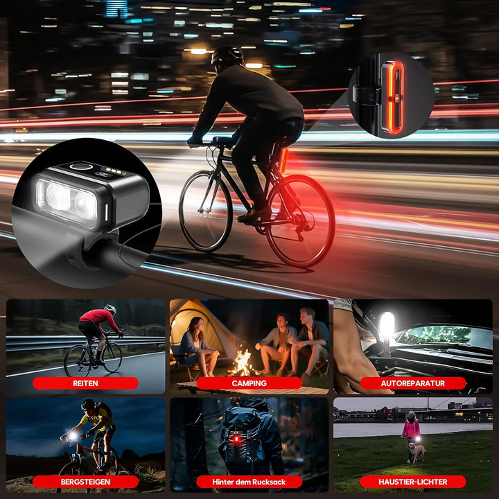 Fahrradlicht Set, 100LUX, Mit Sensorbremse und Fernlichtfunktion, 3200mAh Akku, StVZO zugelassen, Ty