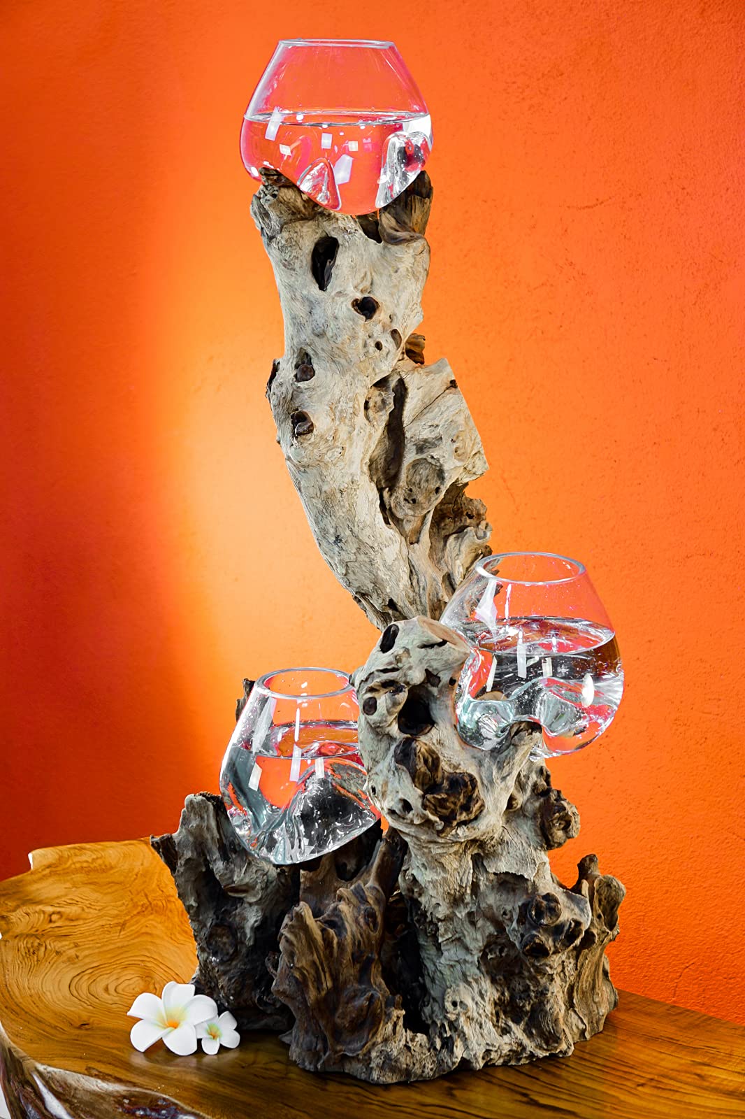 Kinaree Geschmolzenes Glas auf Wurzelholz - Glasschale auf Wurzel - Teak Holz mit Glasvase oder Scha