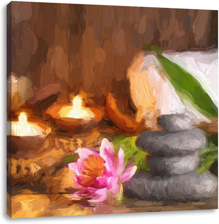 Pixxprint Kerzen mit Zen Steinen und Seerose / 70x70cm Leinwandbild bespannt auf Holzrahmen/Wandbild