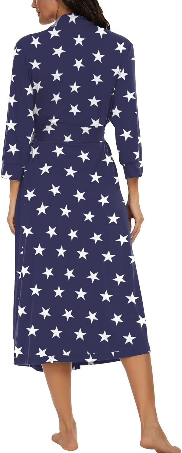 PrinStory Damen Bademantel Leichter 3/4 Ärmeln Morgenmantel V-Ausschnitt Kimono Roben Langes Nachtwä