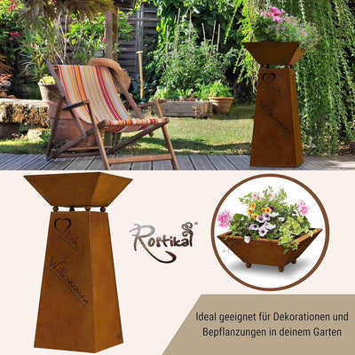 Rostikal | Willkommen Säule Garten Rost mit Dekoschale | Rost Gartendeko Pflanzschale | Höhe 72 cm B