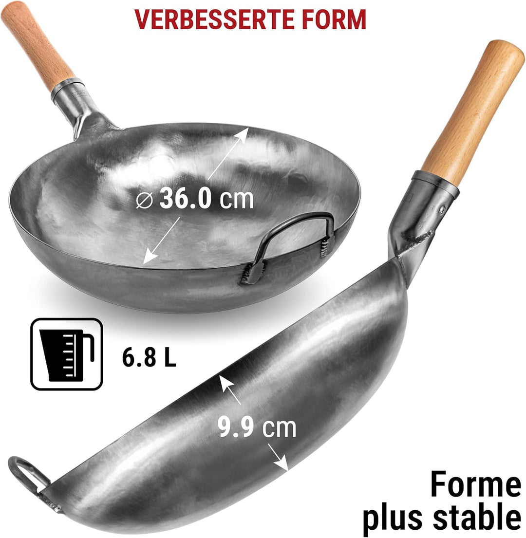 YOSUKATA Karbonstahl Woks & Wokpfannen - 36 cm Handgehämmerter Wok Pfanne Carbonstahl Runder Boden -