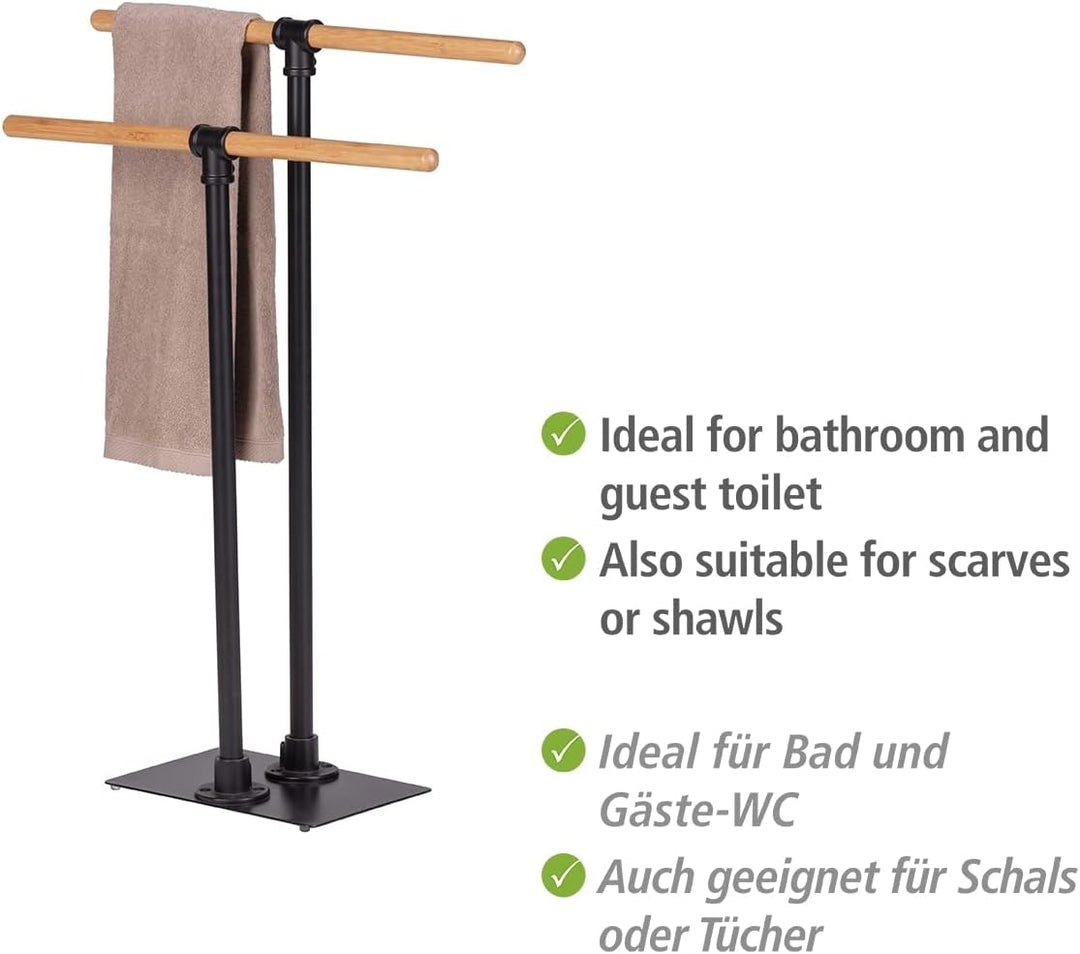 WENKO Handtuchständer Forli, Handtuchhalter, Bad-Accessoire mit 2 Armen aus schwarz lackiertem Stahl