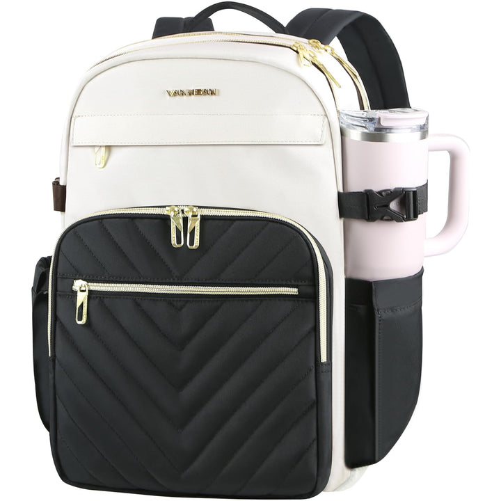VANKEAN Laptop-Rucksack für Damen, beige-schwarz, 15.6 inch 15.6 inch Beige-schwarz, 15.6 inch Beige