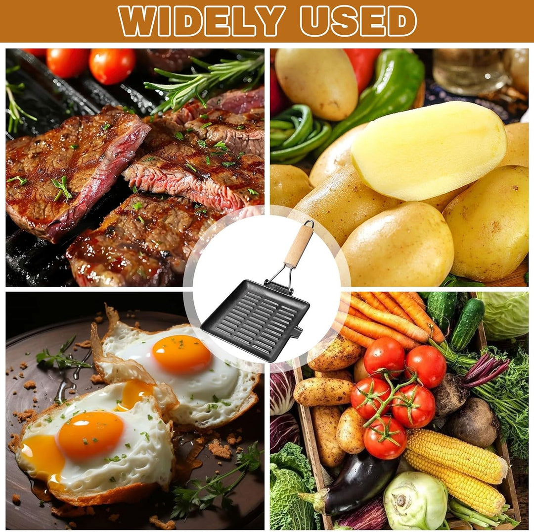Steakpfanne Gusseisen 28X28cm, Grillpfanne Induktion mit Klappbarem Holzgriff, Viereckige Grillplatt