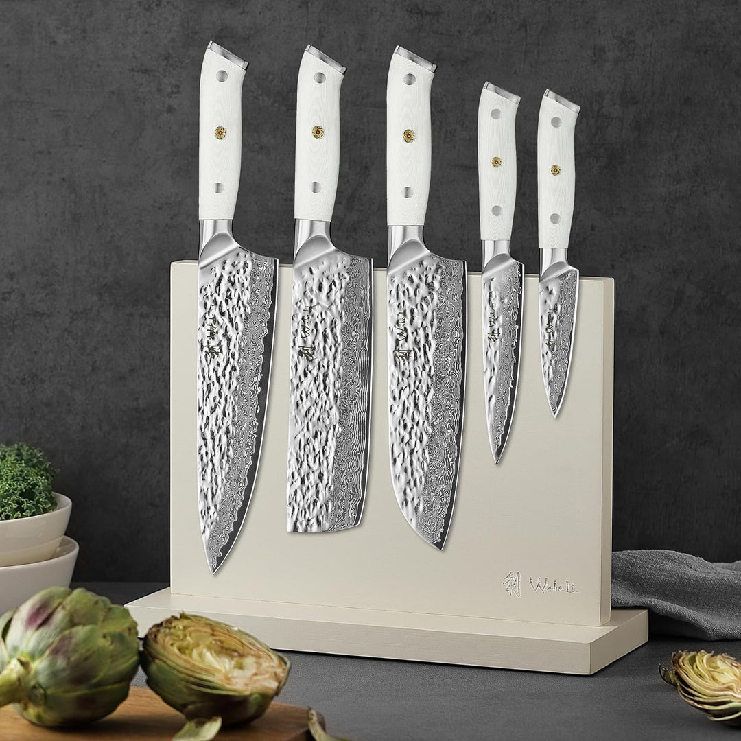 Wakoli Perle Blanche Damastmesser-Set mit Messerblock | 5-teilig, 9–20 cm Klingen aus 67 Lagen Damas