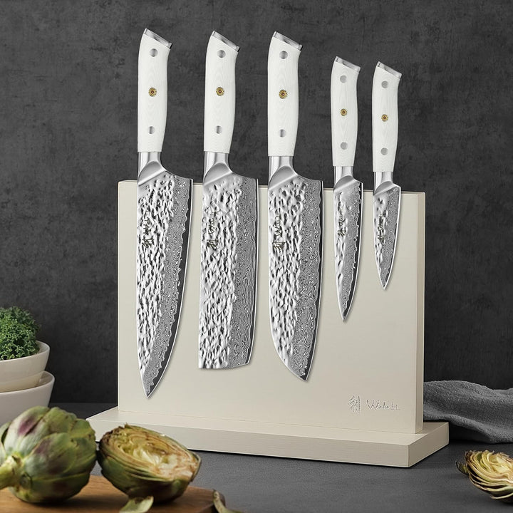 Wakoli Perle Blanche Damastmesser-Set mit Messerblock | 5-teilig, 9–20 cm Klingen aus 67 Lagen Damas