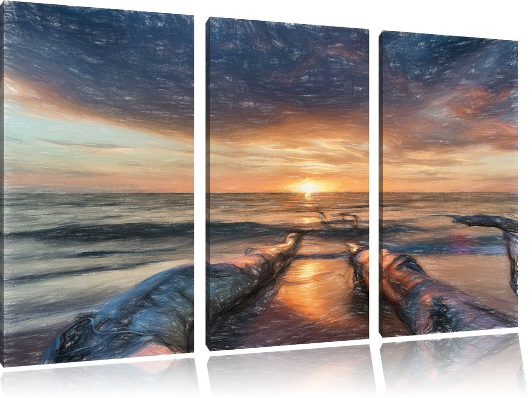Pixxprint Strand als Leinwandbild | Grösse: 3 Teilig (120x80) | Wandbild| Kunstdruck | fertig bespan