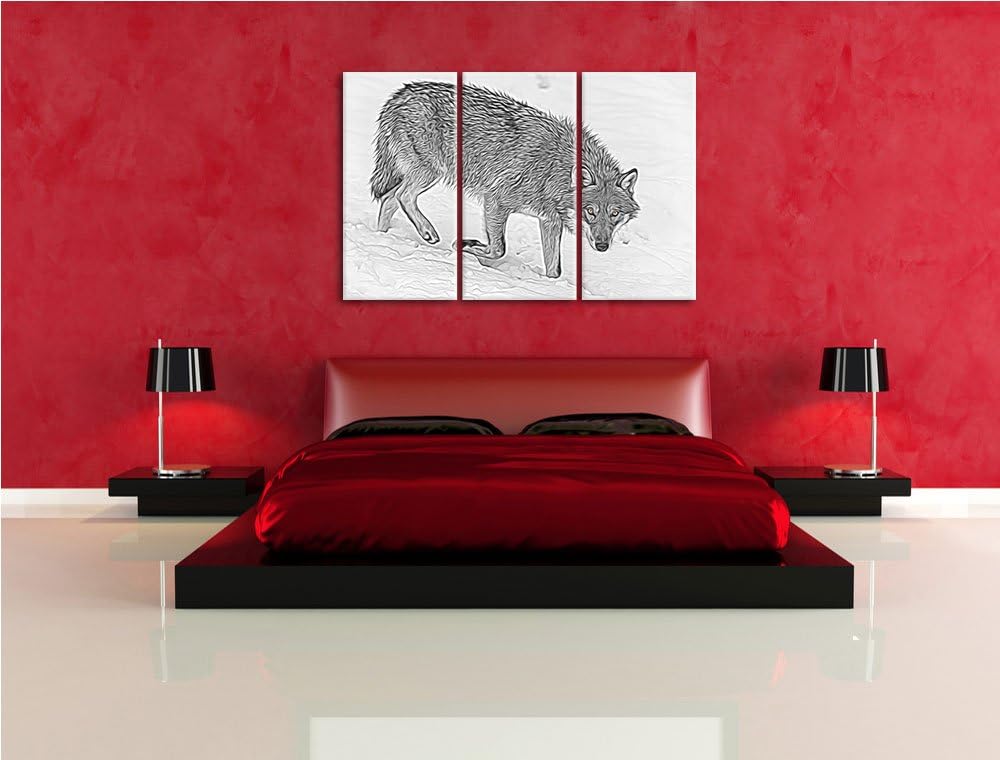 seltener Wolf im Schnee schwarz/weiss Deluxe 3-Teiler Leinwandbild 120x80 Bild auf Leinwand, XXL rie