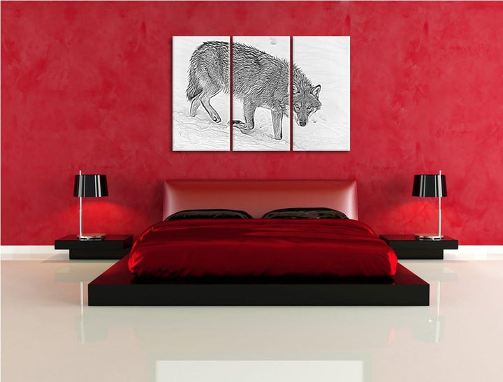 seltener Wolf im Schnee schwarz/weiss Deluxe 3-Teiler Leinwandbild 120x80 Bild auf Leinwand, XXL rie