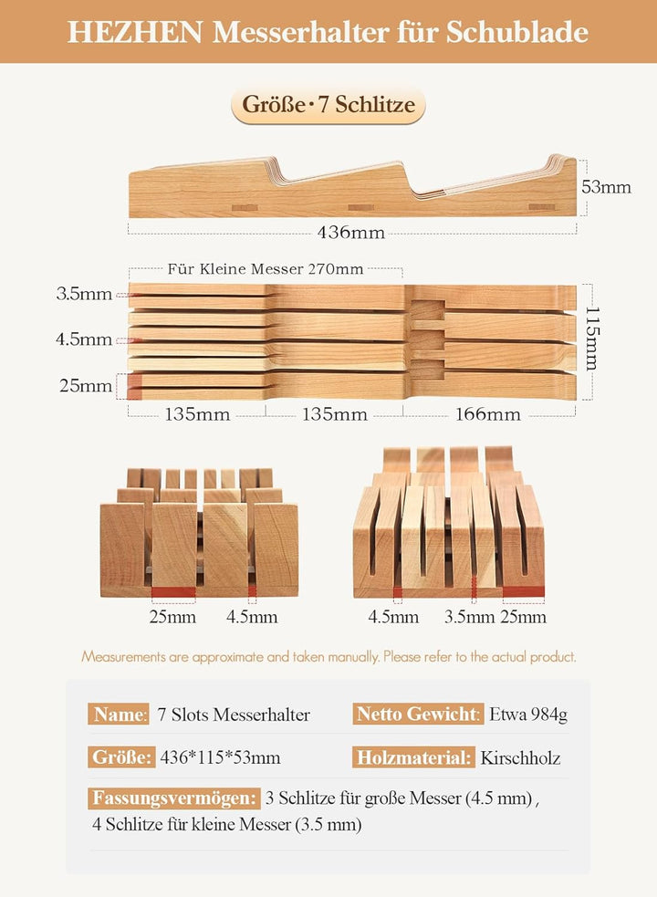 HEZHEN Messerhalter Schublade aus Kirschholz, In-Schublade Messerblock Holz Messerorganizer für die
