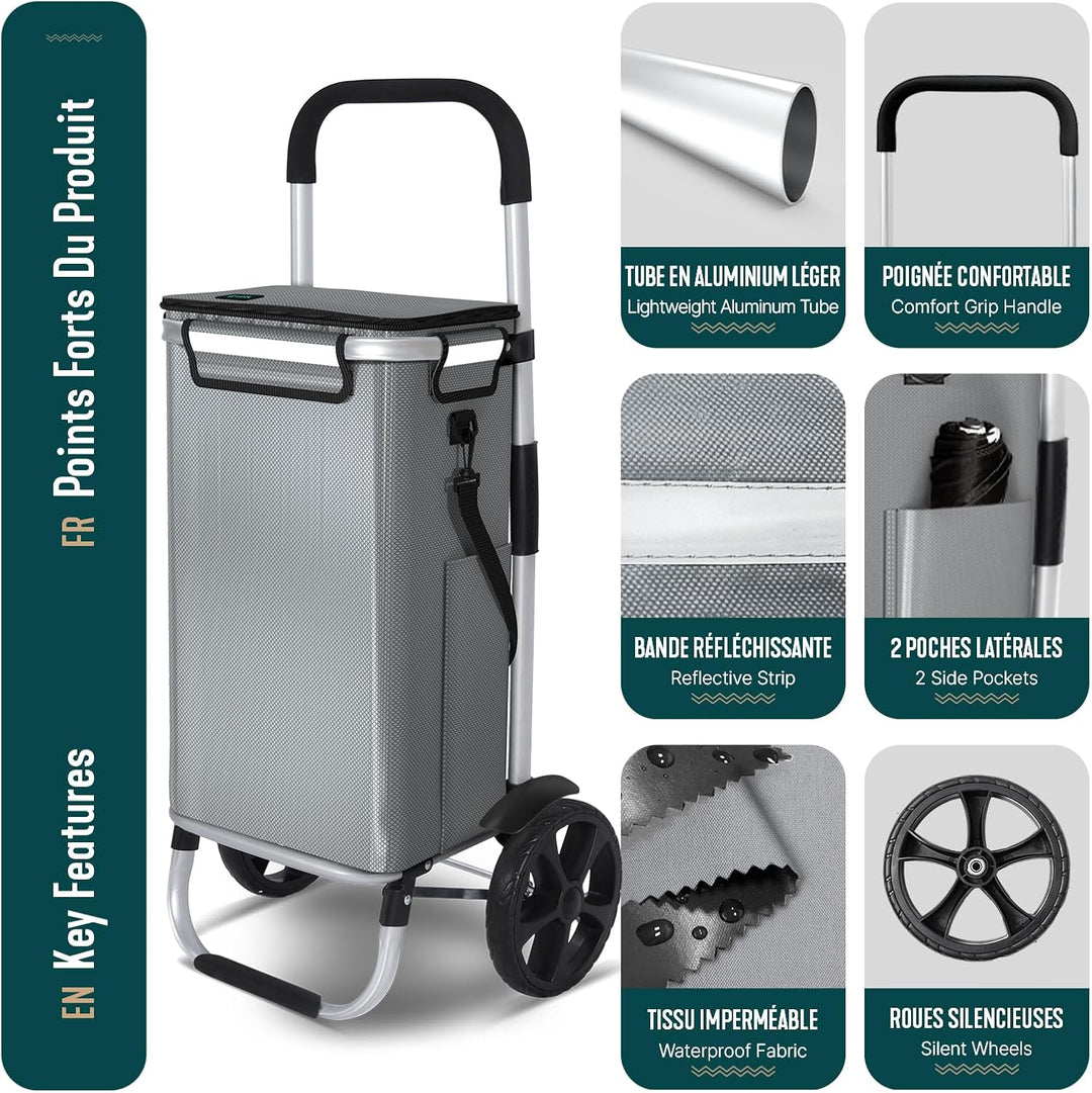 VOUNOT Einkaufstrolley Klappbar aus Aluminium mit 50L Wasserdichter Tasche und Kühlfach, 2 Extra gro