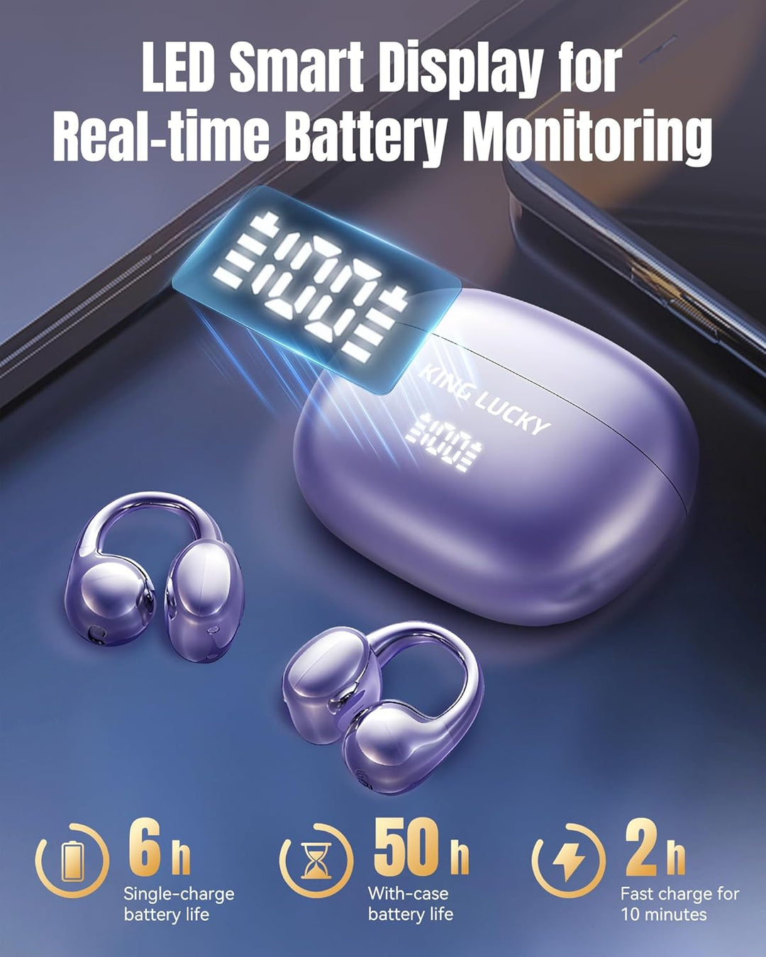King Lucky Open-Ear-Kopfhörer Kabellos Bluetooth 6.0–Clip-On-Ohrhörer mit Mikrofon,mit Akkuanzeige,5